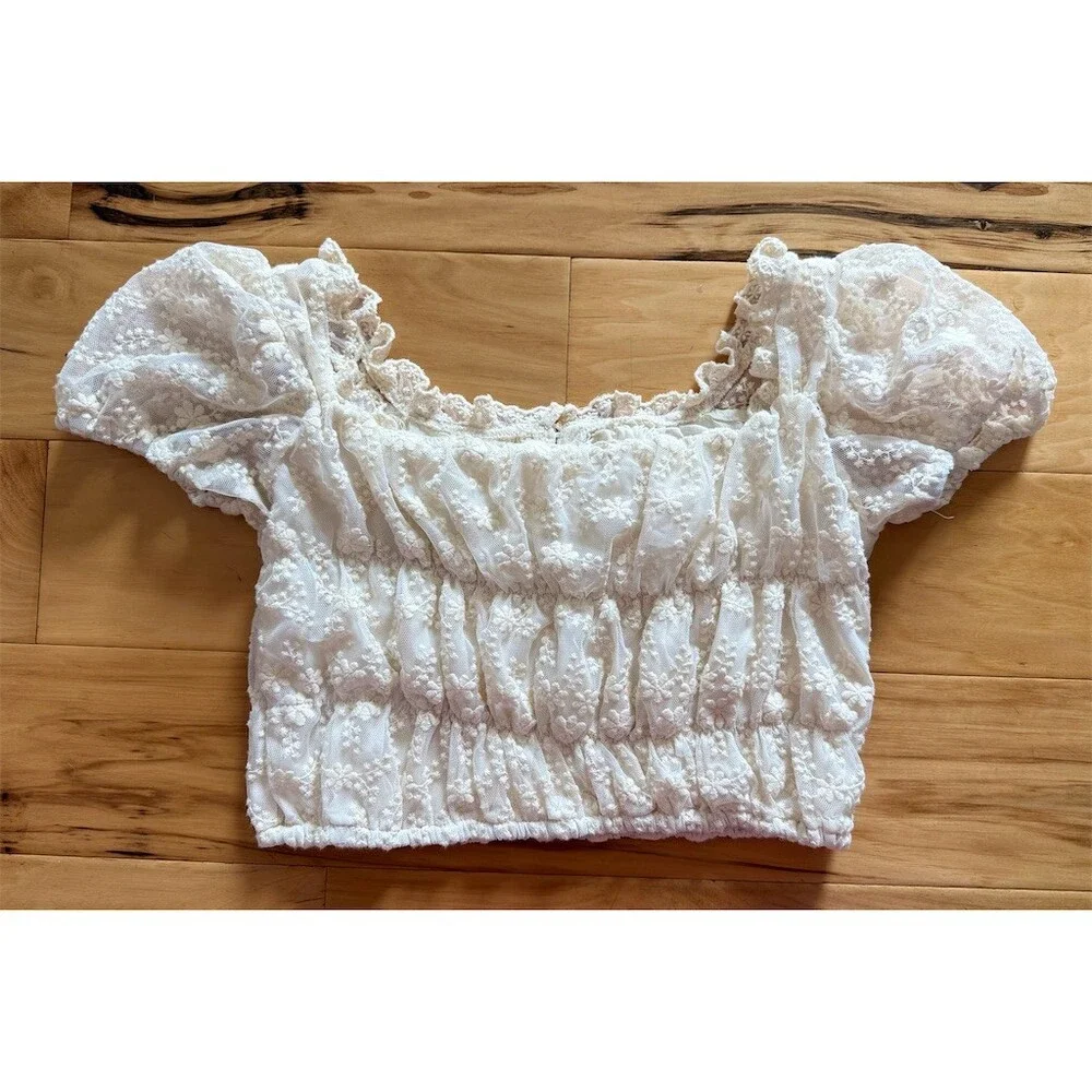 Zara Blouse Girls Size 13/14 White Floral Lace Smocked Cropped Off Shoulder